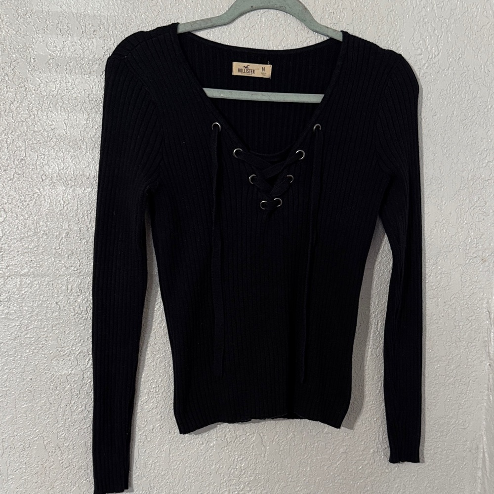 Hollister Black Ribbed Lace-Up Long Sleeve Top